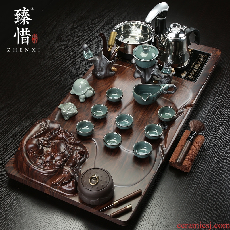 Become precious little violet arenaceous kung fu tea set suit household contracted ceramic cups magnetic electric furnace tea tea solid wood tea tray