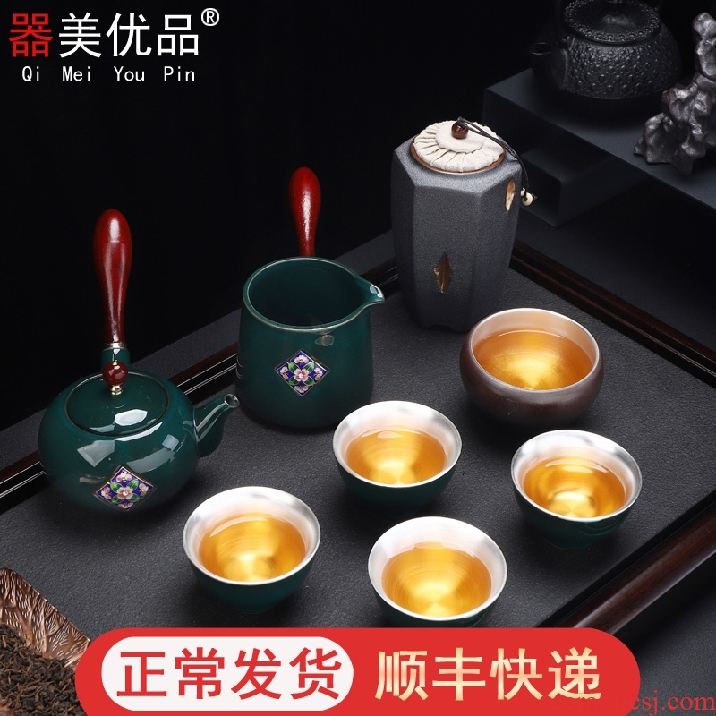 Implement the superior new silver tea set sterling silver 999 from the household of a complete set of manual tasted silver gilding ceramic cups