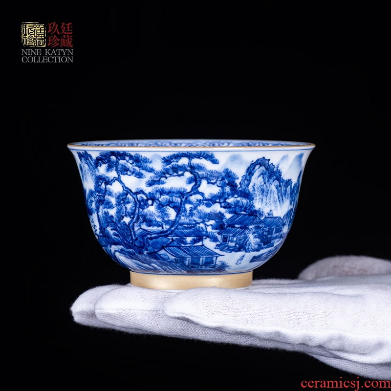 Nine katyn sample tea cup master cup single cup size of blue and white porcelain jingdezhen tea set household paint kung fu tea by hand