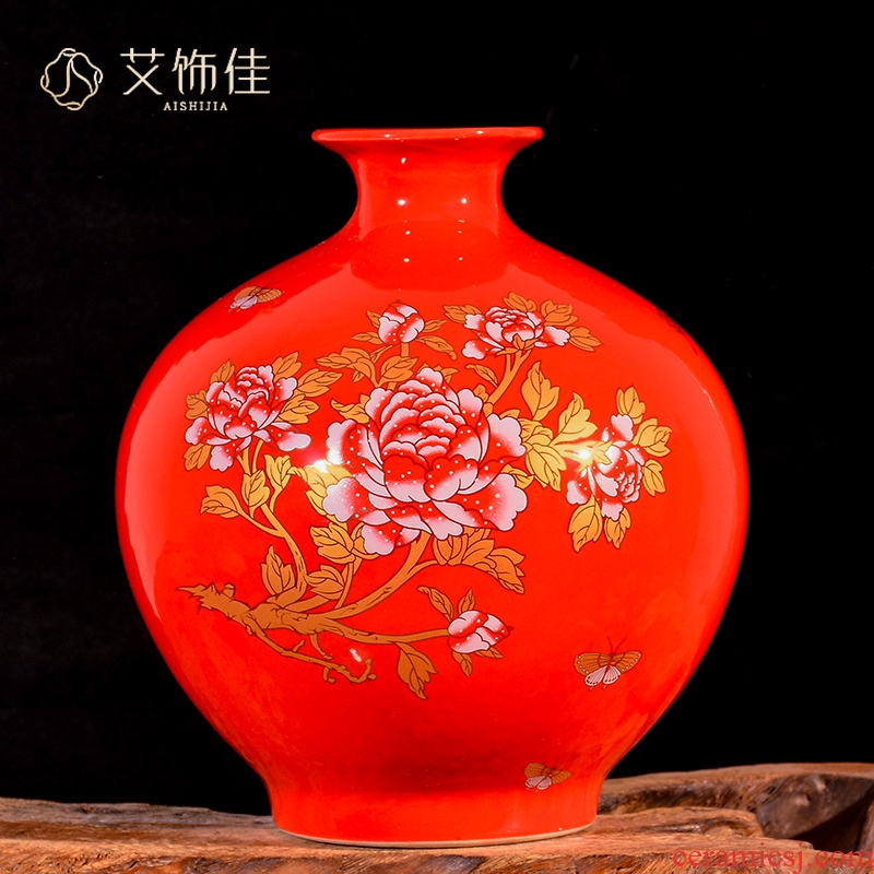 Jingdezhen ceramic Chinese red peony festival wedding flower arranging new Chinese style living room porch place decorative vase