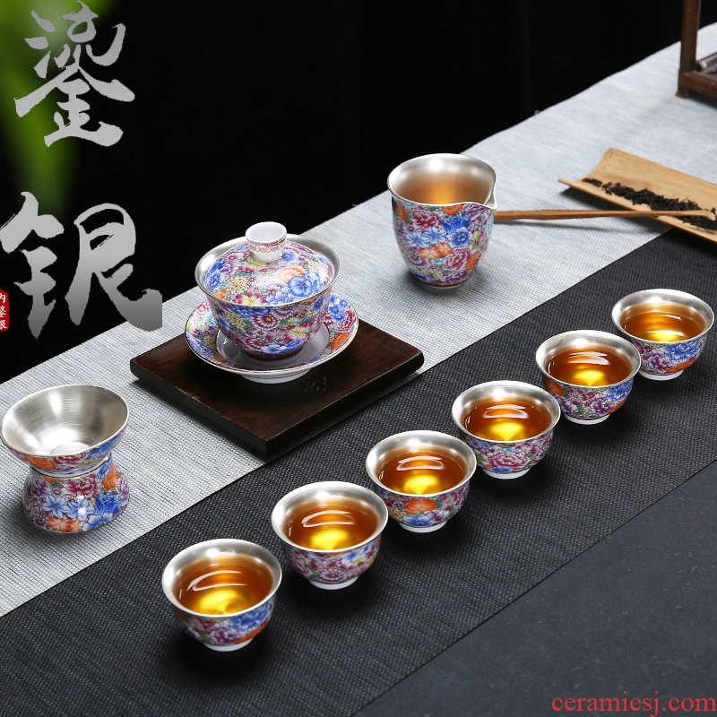 Jingdezhen colored enamel coppering. As silver tea set 999 sterling silver suit household ceramic kung fu manual tureen three cups