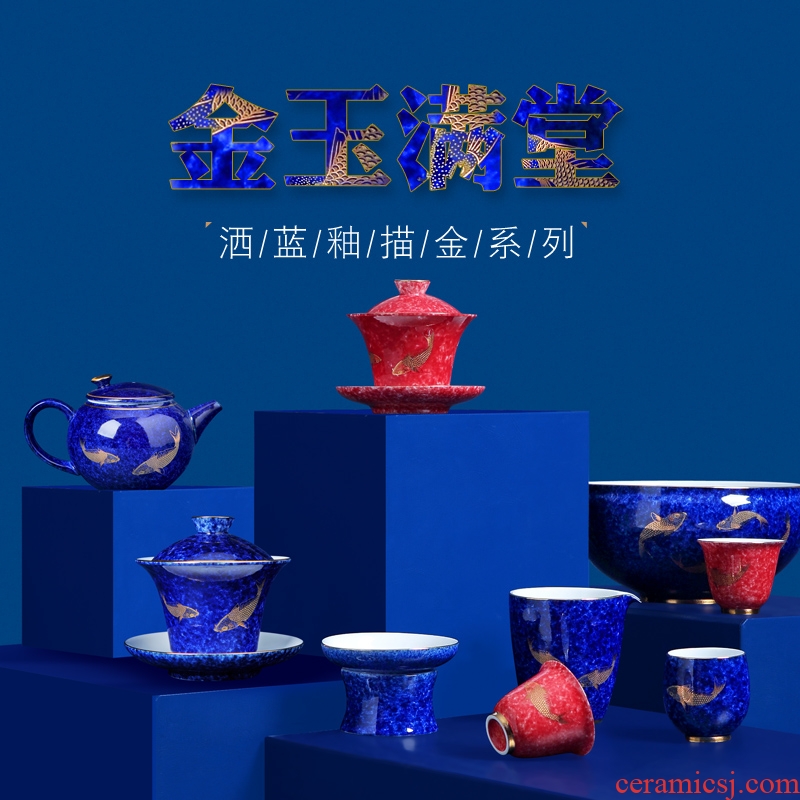 Jingdezhen ceramic kung fu tea set home only three tureen tea cups with blue glaze fuels the teapot