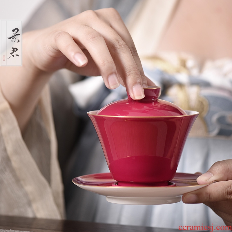 Jingdezhen tureen three cups to tureen large carmine bowl kunfu tea all checking ceramic