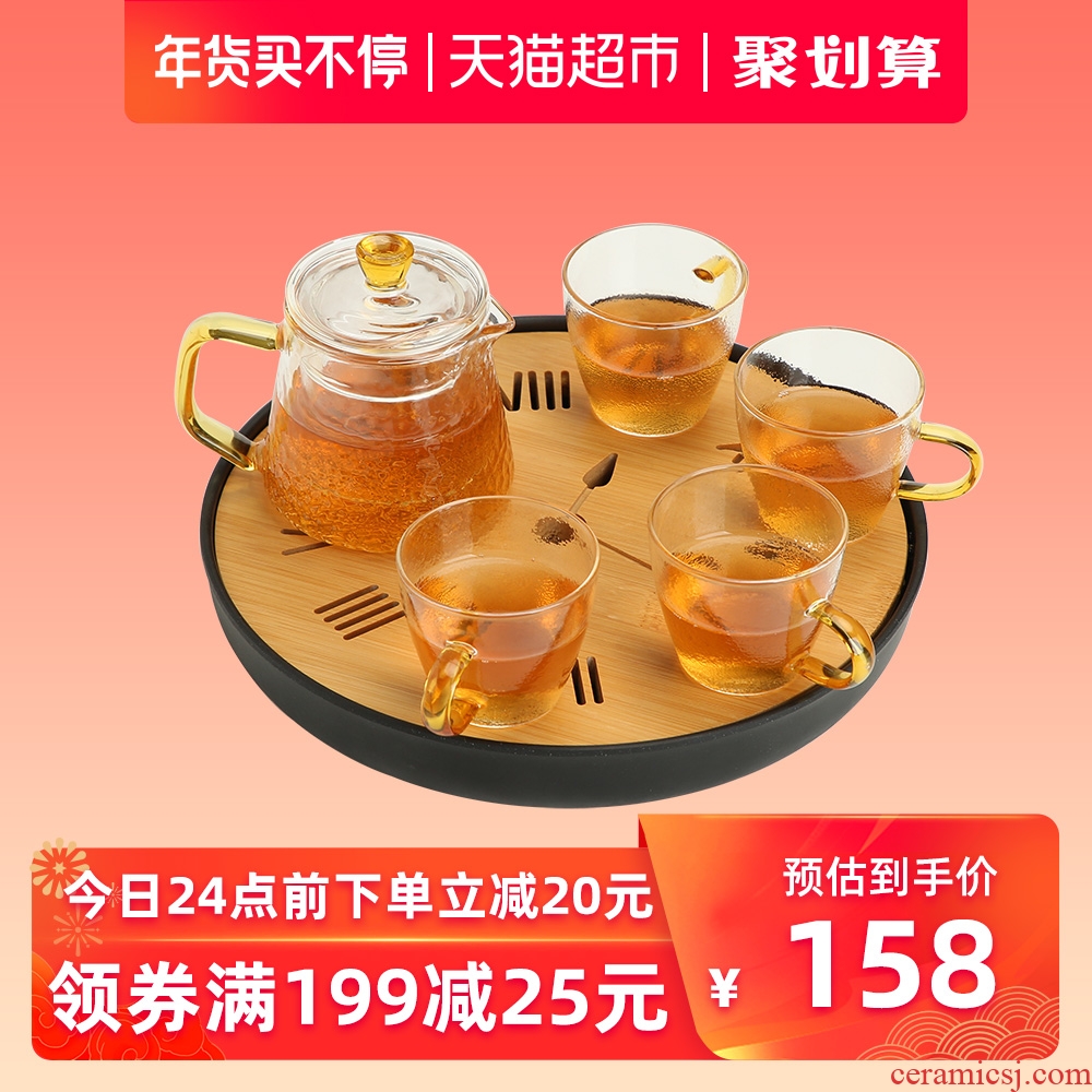 Su ceramic creative tea tray, tea set of glazing hammer handle teapot with four cups