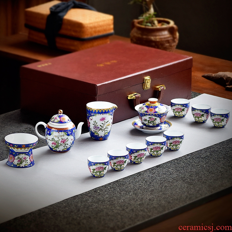 Artisan fairy cloisonne kung fu tea set ceramic household hand - made Chinese tea lid bowl of gift boxes