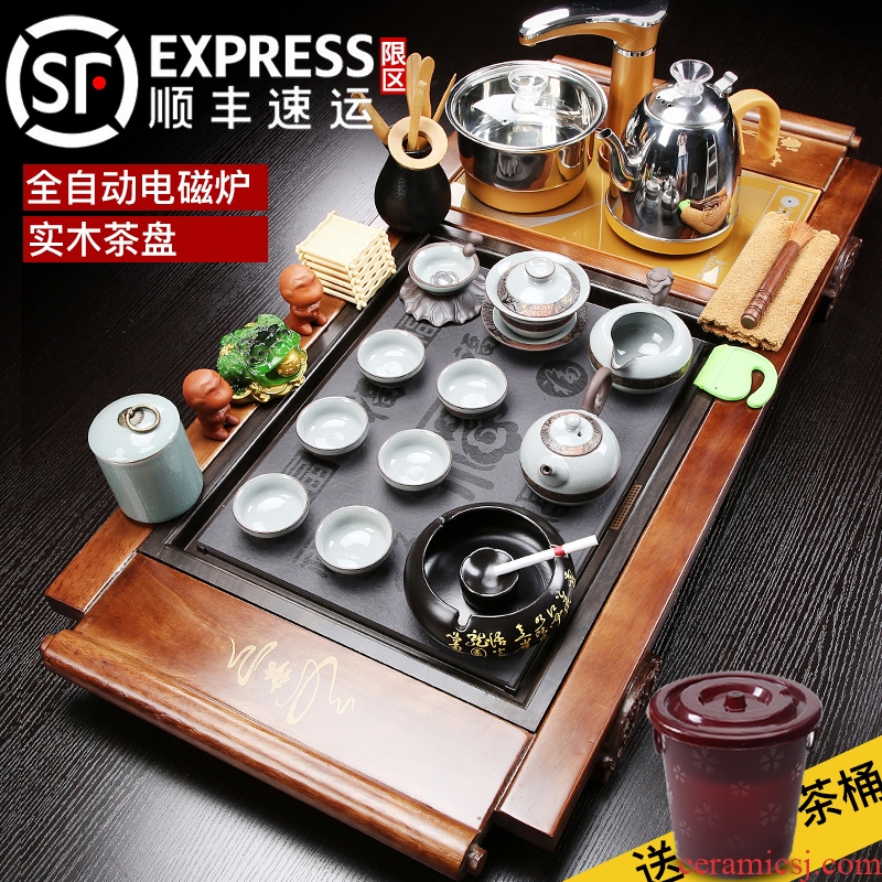 NiuRen tea set suit household contracted ceramic kung fu tea tray was real wood of a complete set of automatic induction cooker tea tea