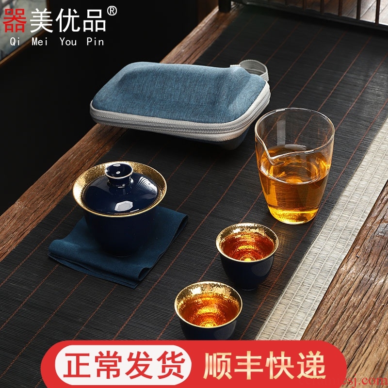 Implement the optimal product ji simple blue and gold ceramic tea set mini portable travel tea tureen custom cups
