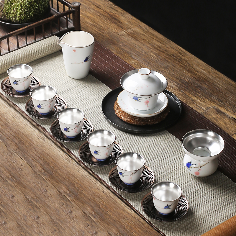Jingdezhen ceramic hand - made silver tea set 999 sterling silver, kung fu tea cups domestic tea tea service of a complete set of gift set