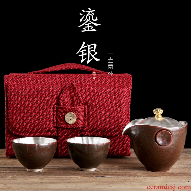 Ceramic tasted silver gilding crack cup a pot of 2 cup portable contracted travel office teapot kung fu tea set gift boxes
