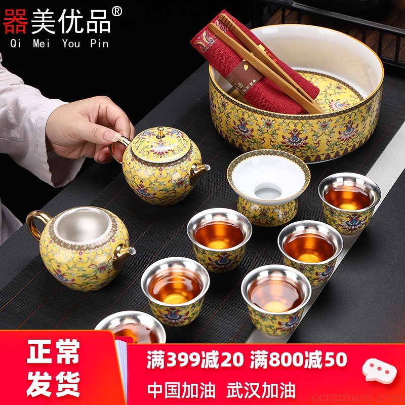 Implement the optimal product colored enamel kung fu tea set coppering. As silver tea set silver clasp porcelain ceramic whole household contracted the teapot