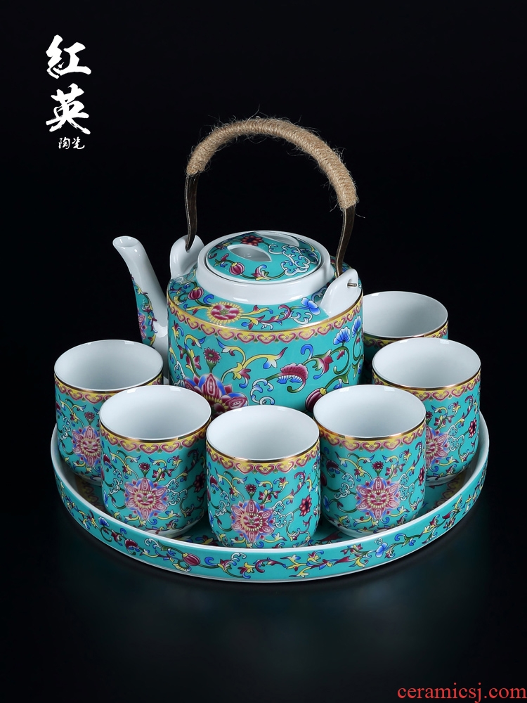 Jingdezhen ceramic tea set suit household colored enamel sitting room girder pot of tea tray was large teapot tea cups