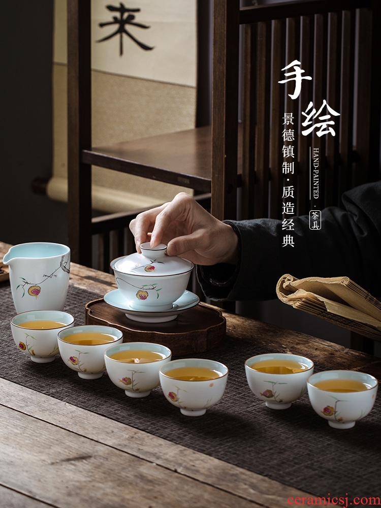 Jingdezhen hand - made kung fu tea set suit household ceramics tureen large master cup of 8 outfit of a complete set of tea cups