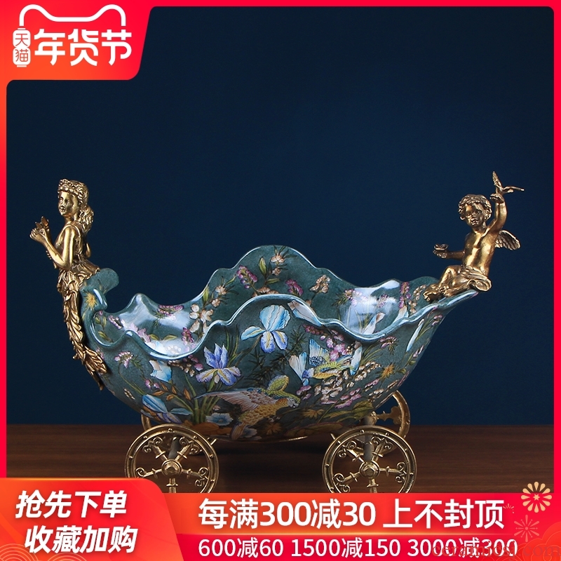The Company shall thy neck European - style key-2 luxury ceramic fruit fruit basket with copper decorations household of rural living room furnishing articles