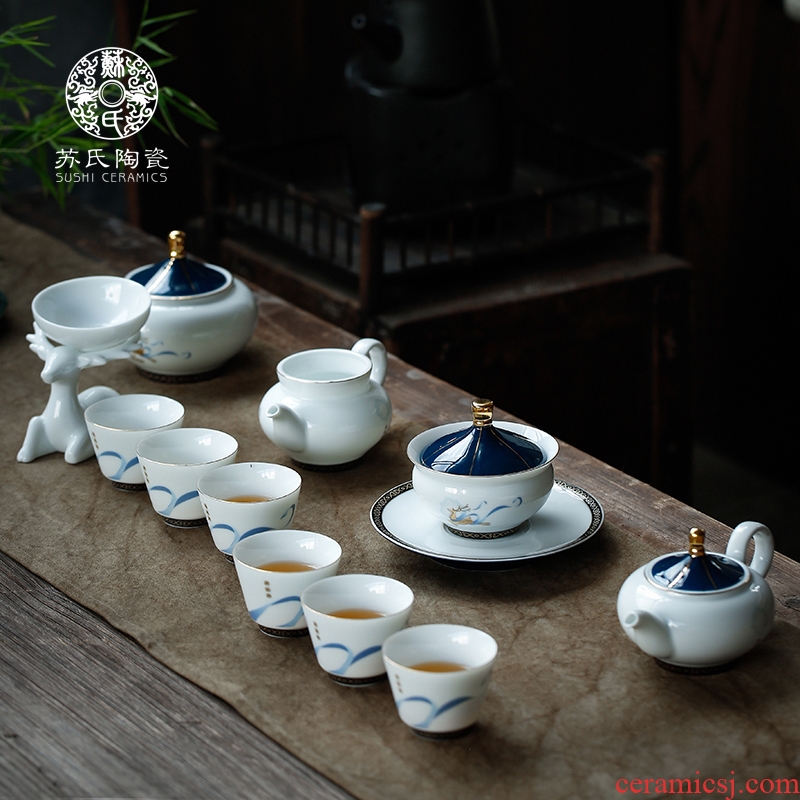 Su ceramic household kung fu tea set a complete set of I and contracted tureen teapot teacup tea set