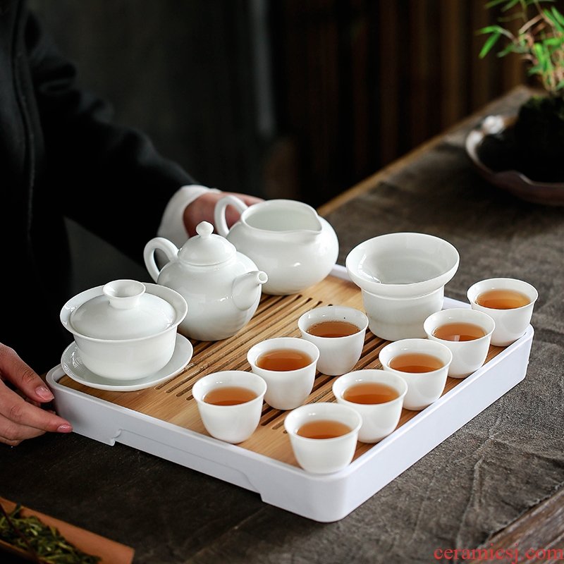 Su ceramic tea set contracted white porcelain kung fu tea tray was set of tea cups with bamboo surface water storage type group