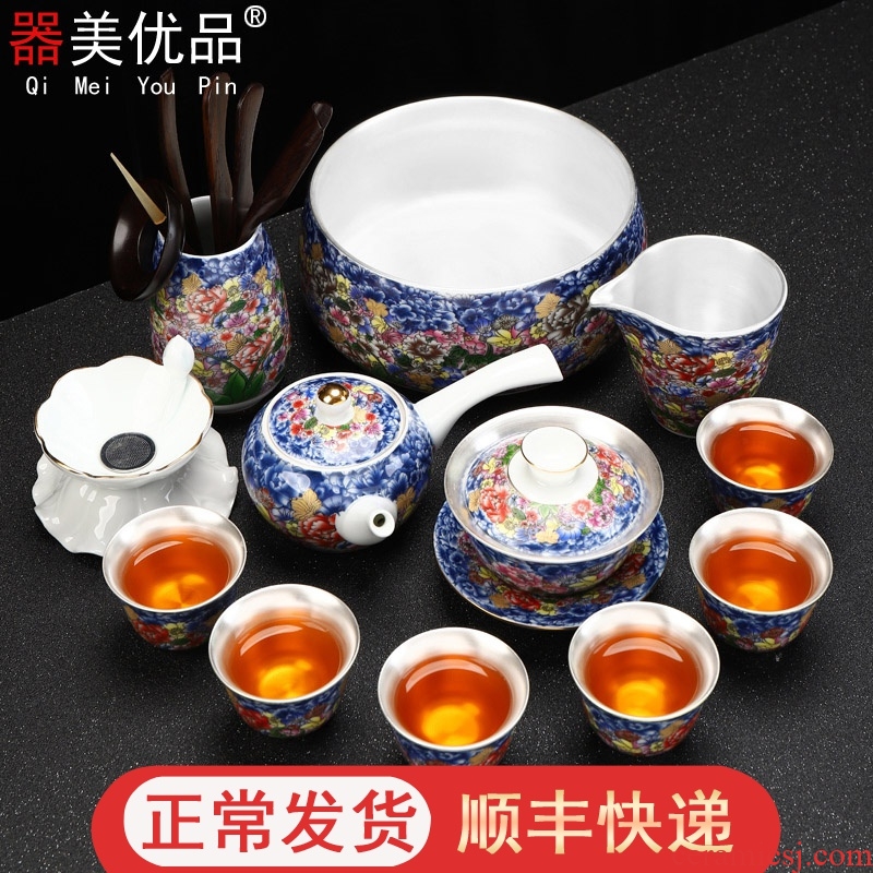 Implement the optimal product silver tea set mine loader 999 silver tea set silver colored enamel kung fu tea set a complete set of ceramic cups 9