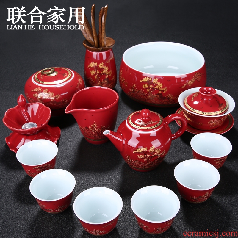 Jingdezhen China red ceramic tea set is festival gift kung fu tea fuels the teapot teacup to wash by hand