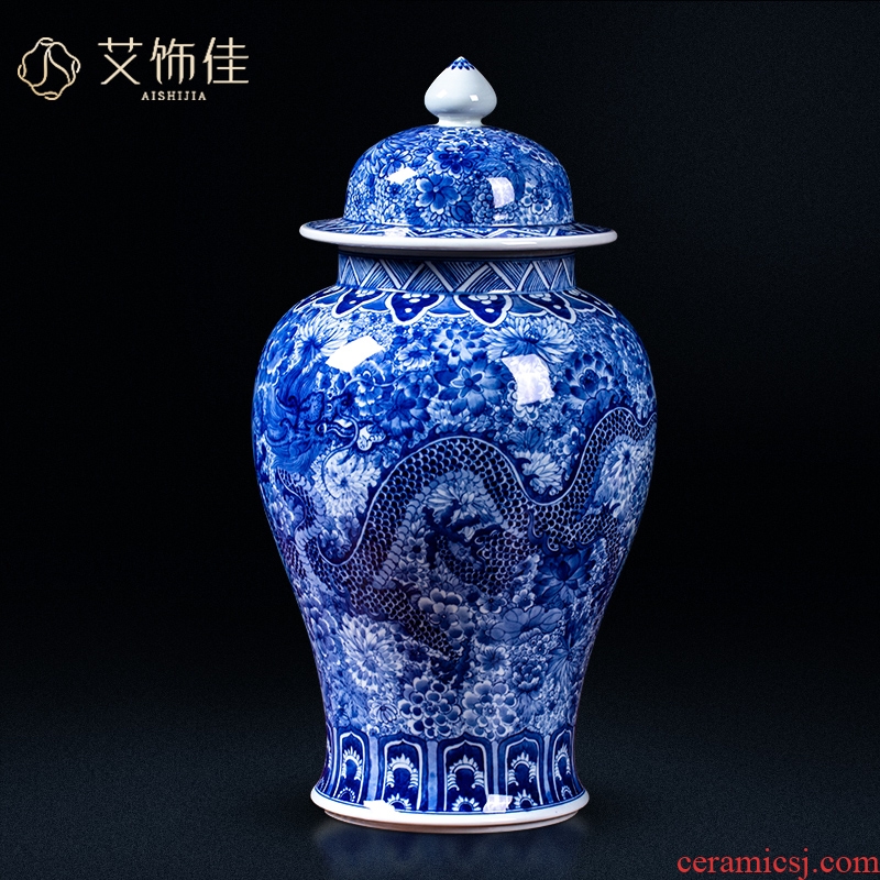 Jingdezhen ceramic antique blue and white flower dragon general jar of home sitting room porch is decorated collection handicraft furnishing articles