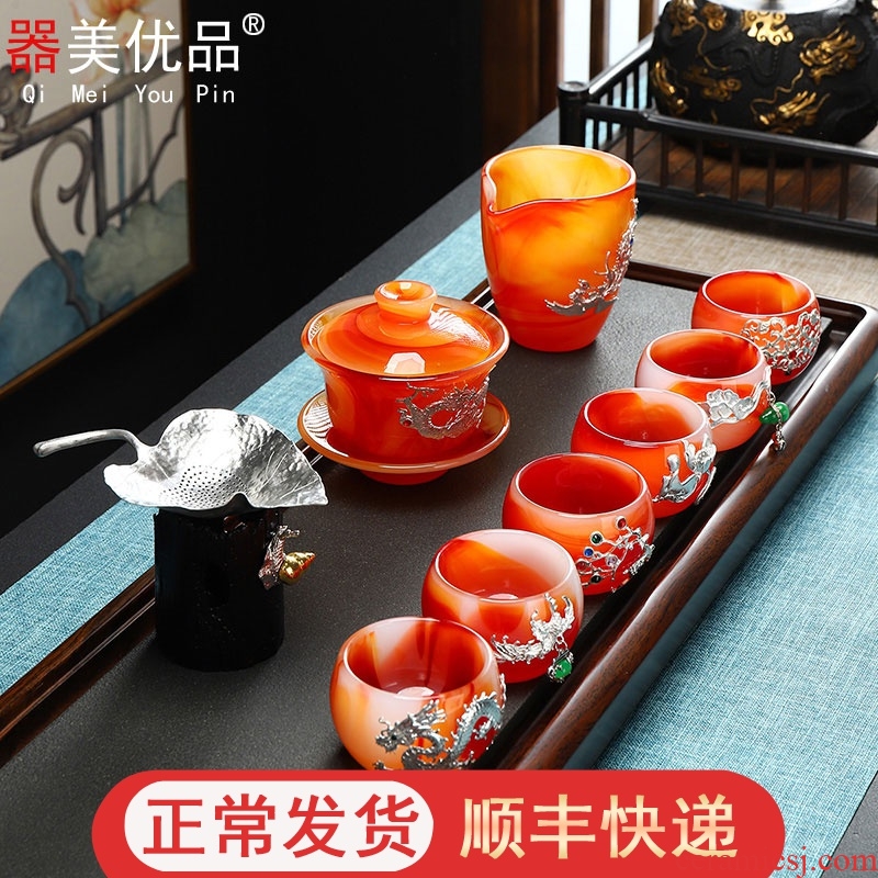 Implement the superior Chinese coloured glaze jade porcelain kung fu tea set office home more silver tureen tea gifts