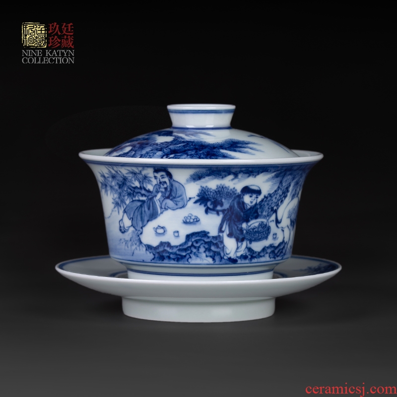 Nine at jingdezhen blue and white tureen hand - made kung fu tea tea tureen archaize large single pure manual three