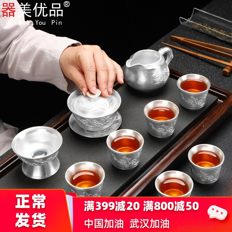 Implement the superior yixing purple sand coppering. As silver tea set your porcelain inlay silver teapot teacup household gift of a complete set of kung fu