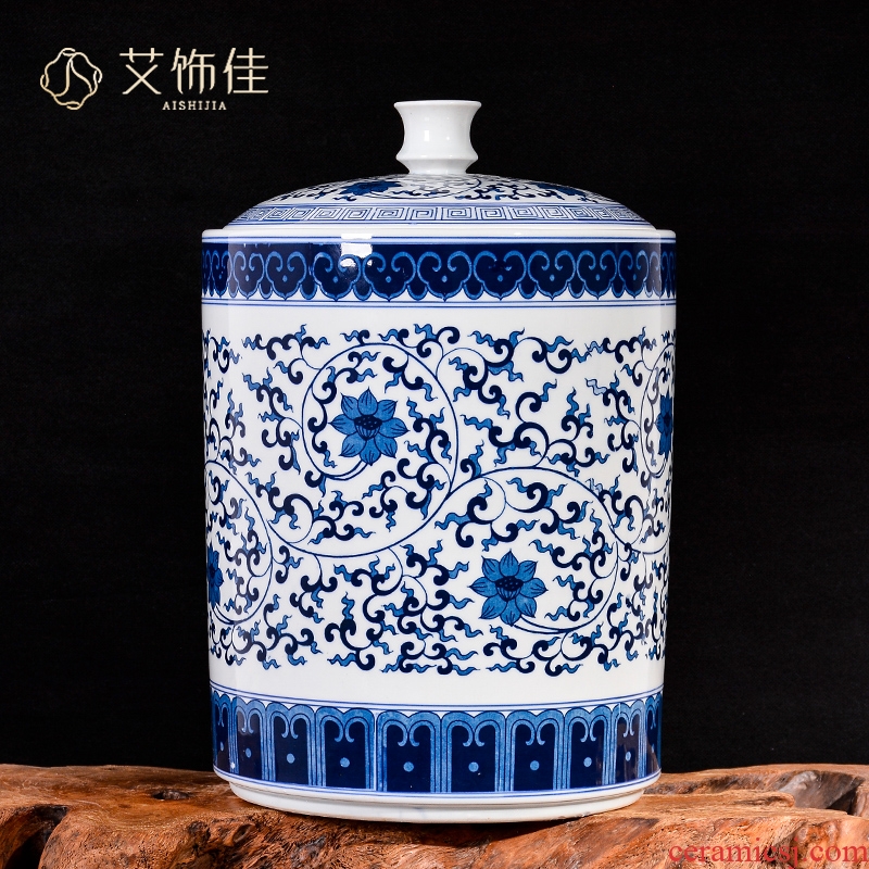 Jingdezhen ceramics large blue and white caddy fixings storage tank sealed moisture - proof puer tea pot wake POTS with cover