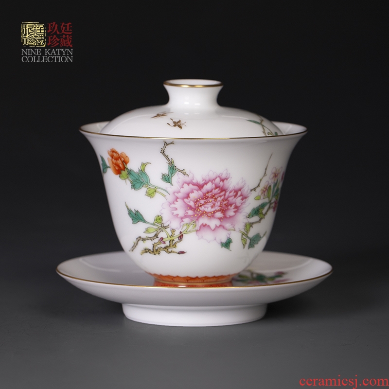 Nine at the pure manual hand - made tureen jingdezhen kung fu tea set a single white porcelain ceramic tea bowl bowl three cups