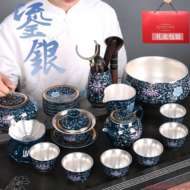 The whole household jingdezhen ceramic kung fu tea set 999 coppering. As silver tea service office of blue and white porcelain teapot cup