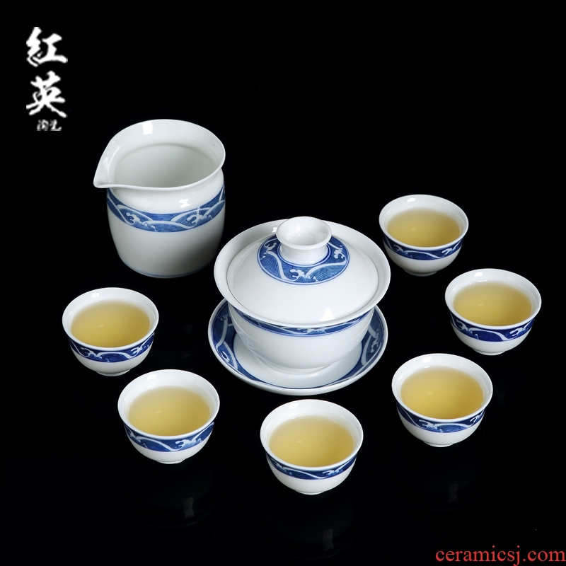 Jingdezhen ceramic kung fu tea set suit household contracted hand - made of blue and white porcelain tea only three small tureen tea cups