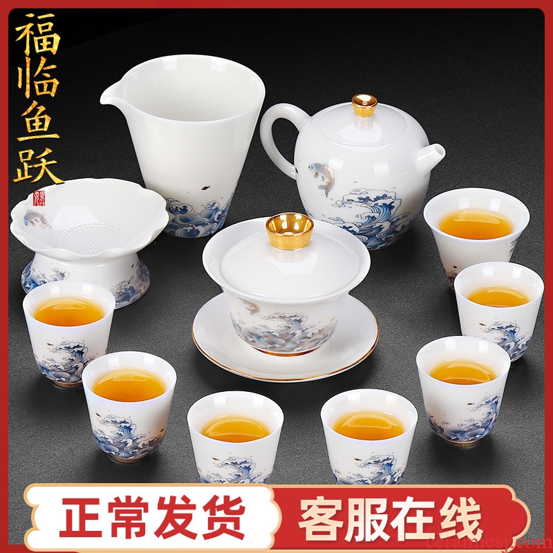 Artisan fairy dehua white porcelain tea set household suet jade kung fu tea gift box and contracted tea tureen teapot