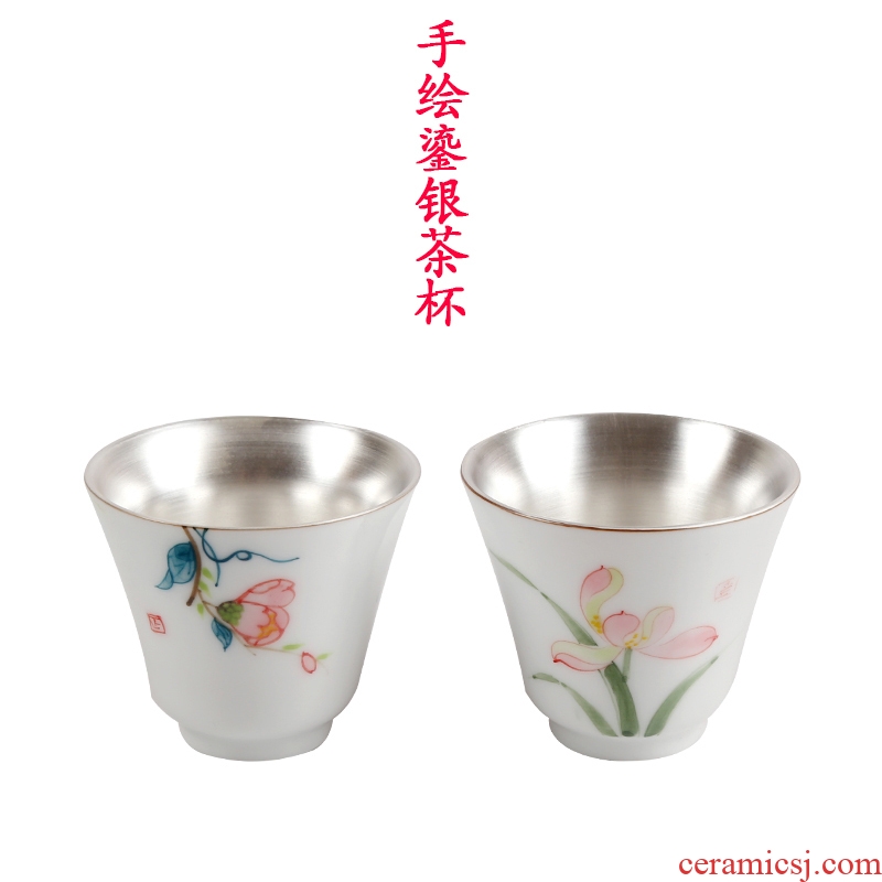 Jingdezhen hand - made ceramic cups domestic silver cup silver 999 kung fu hand coppering. As the sample tea cup fragrance - smelling cup