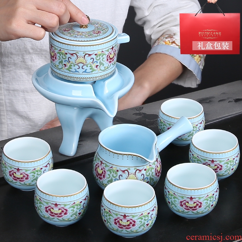 Porcelain enamel made automatic tea set lazy hot stone mill kung fu tea set teapot tea gift box