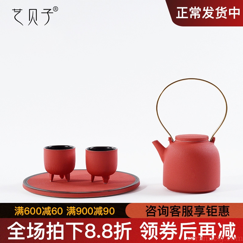 Modern new Chinese style show rich ancient frame zen tea house furnishing articles red ceramic teapot tea table decoration art