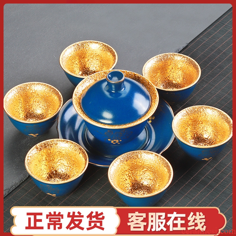 High - grade gold tea set ceramic household European - style kung fu tea set hand - made tureen of a complete set of tea cups 24 k gold