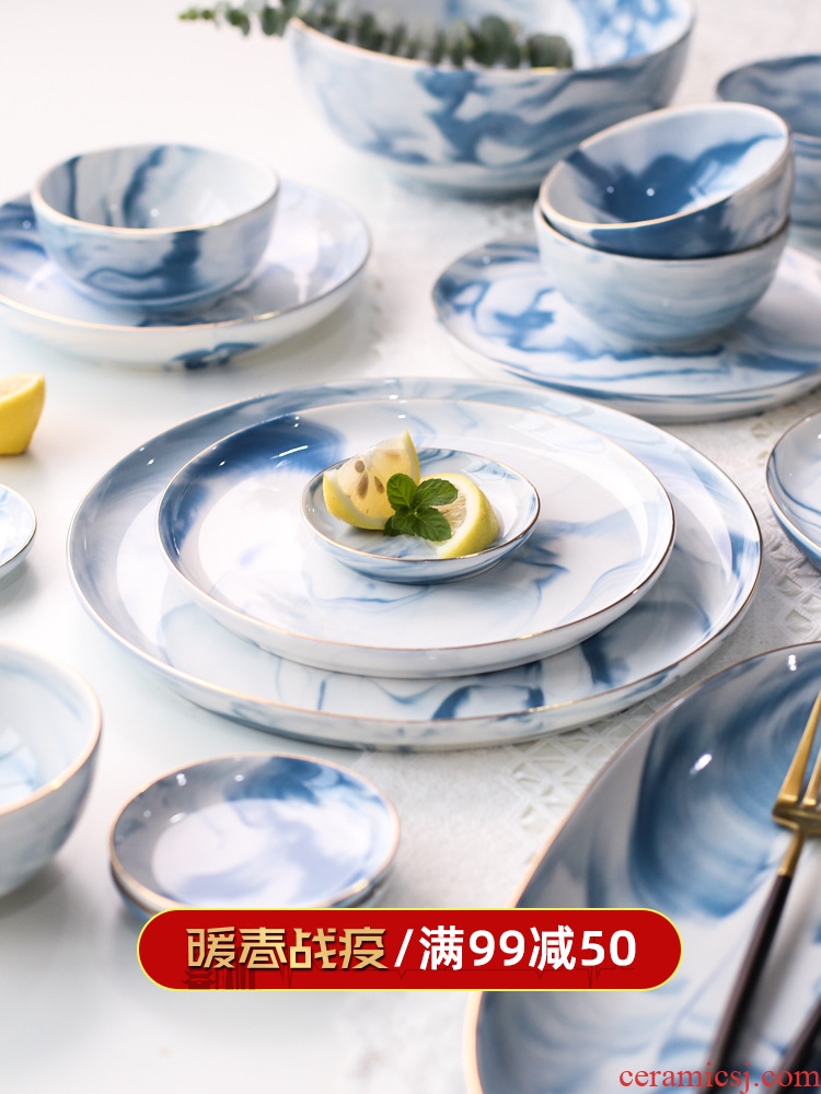 Island house action in blue Nordic up phnom penh marble ceramic plate household food dish bowl bowl rainbow such use A - 47