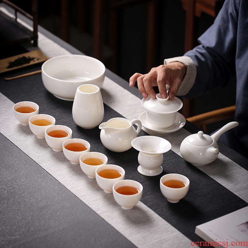 High hand suet jade dehua white porcelain kung fu tea set suit household ceramic contracted cup teapot tea gift box
