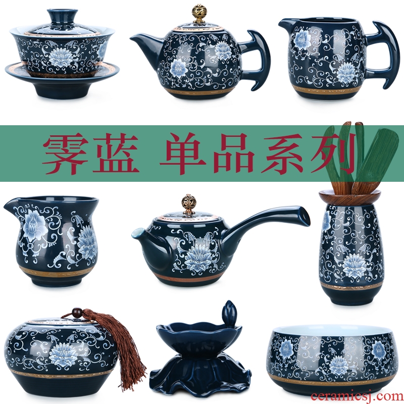 China Qian hand - made only three bowl of tea bowl of jingdezhen blue and white porcelain coppering. As silver tureen manual paint ceramic tea set)