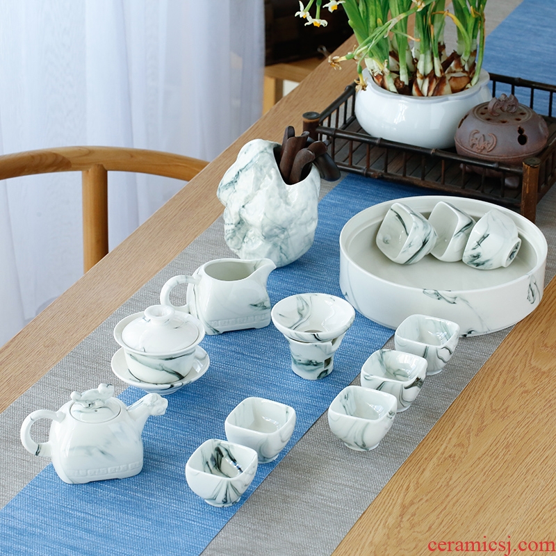 Tang Yan lane of a complete set of kung fu tea set hand - made ceramic cups tureen household contracted office ink pot