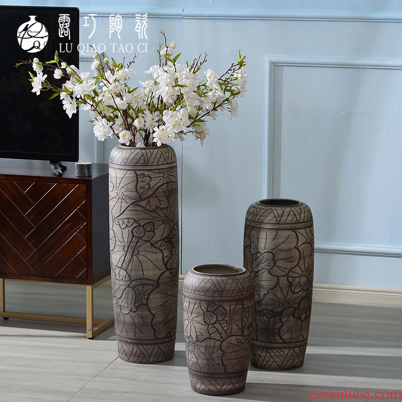 Ceramic plug-in dry flower art by hand big vase furnishing articles sitting room ground retro archaize TV ark, simulation flower decoration