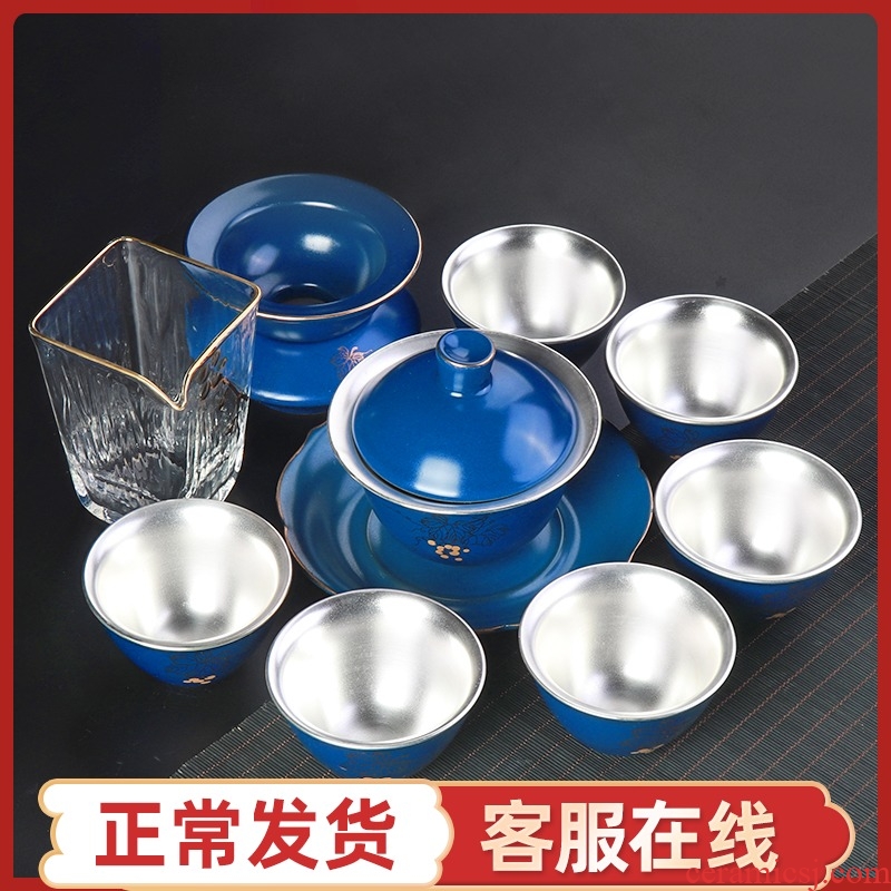 High - grade silver tea sets, 999 sterling silver tea set ceramic kung fu tureen tea cups of a complete set of the home office