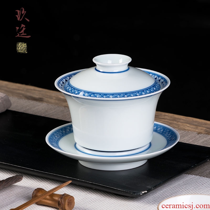 Three to nine at the tureen tea hand large kung fu tea tea bowl of blue and white porcelain of jingdezhen ceramic tea set