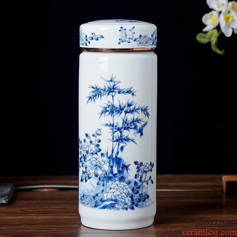 Jingdezhen ceramic double ceramic tank with cover insulation cup portable office blue and white porcelain cup tea cup