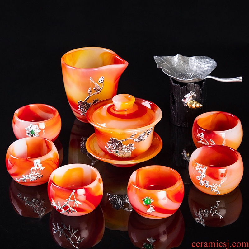 Silver agate jade porcelain tea cups masters cup coloured glaze jade tea tea tureen large, kung fu tea set