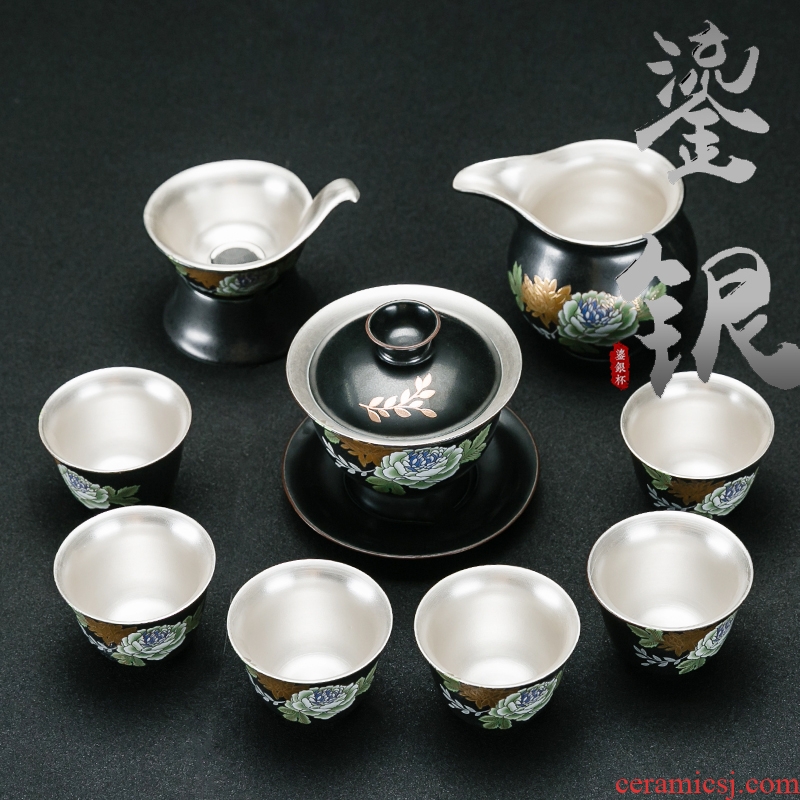NiuRen household ceramic tea set coppering. As silver 999 sterling silver tea service of a complete set of kung fu tea tea bowl of gift boxes