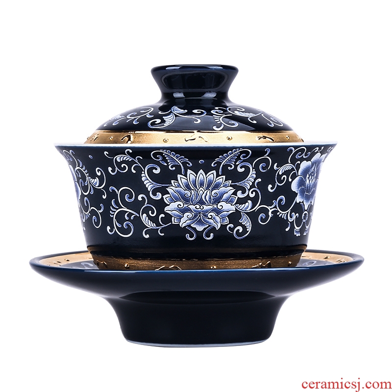 Jingdezhen porcelain tea tasted silver tureen silver gilding 999 ceramic three kung fu tea bowl covered bowl bowl is large