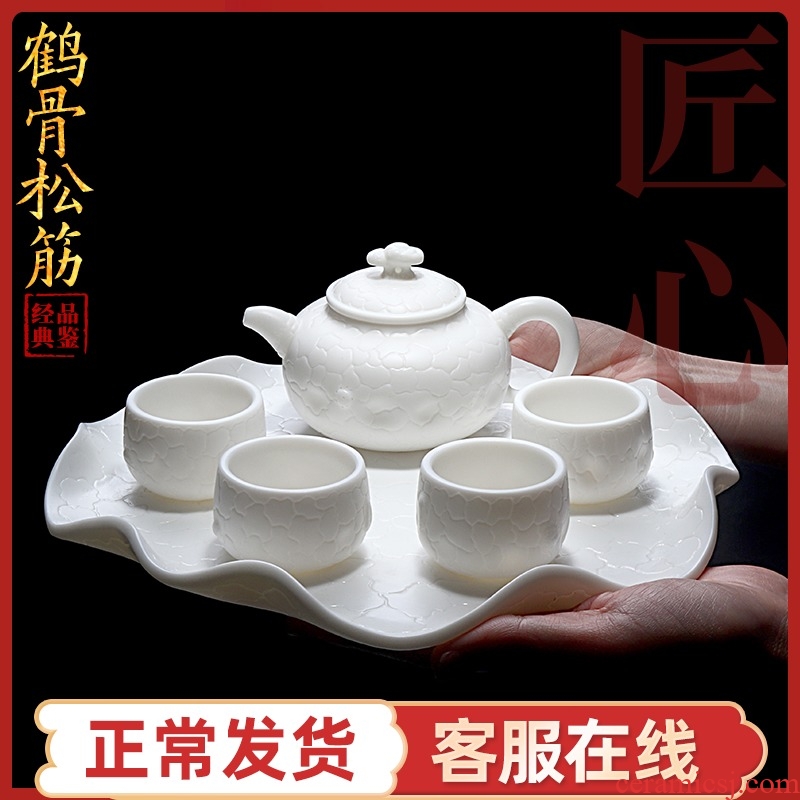 Master Zeng Sumei dehua white porcelain kung fu tea set manually household contracted a pot of four cups of tea tray package