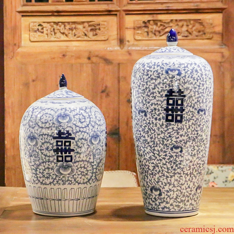 Jingdezhen blue and white idea gourd happy character antique hand - made tank storage tank furnishing articles of Chinese style classical decoration porcelain arts and crafts