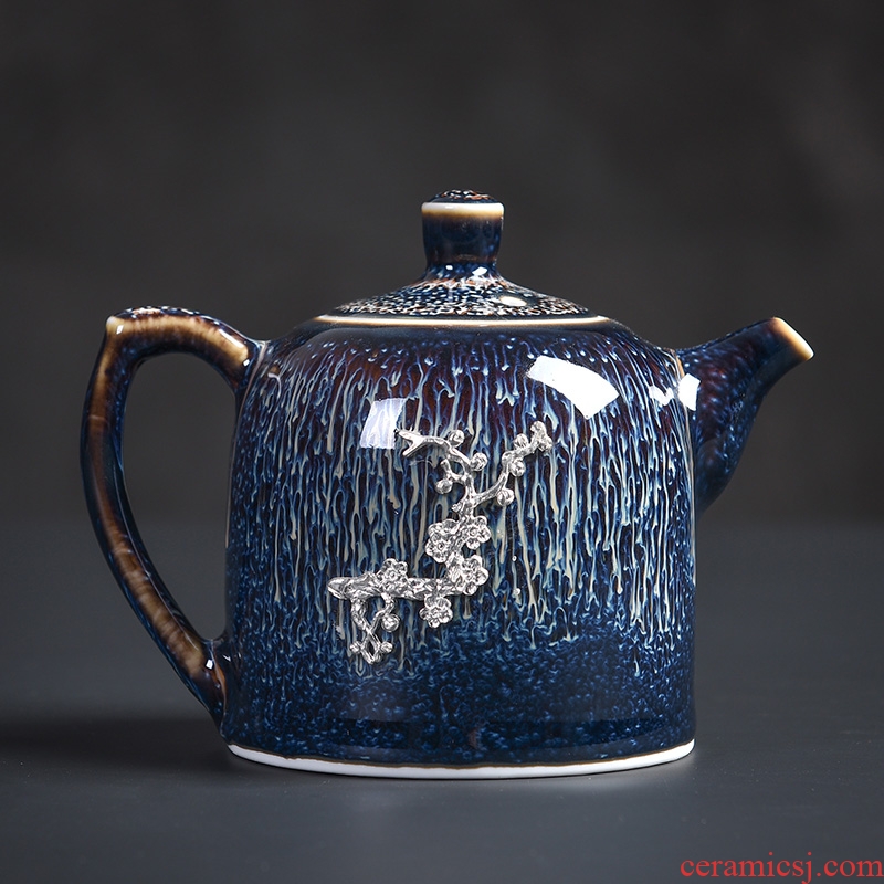 Laugh, jingdezhen obsidian blue drawing lamp that teapot home inlaid with silver wire drawing star light creative teapot tea