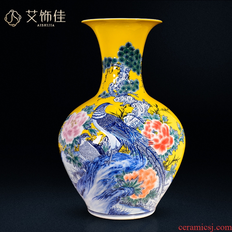 Jingdezhen ceramic yellow notes tong prosperous ground vase large sitting room porch TV ark, crafts are arranging flowers