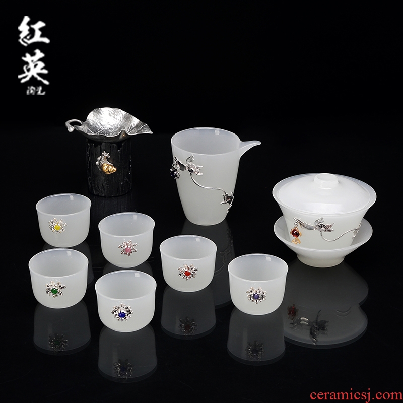 Jingdezhen kung fu tea set suit household contracted tureen Chinese teapot coloured glaze jade white porcelain ceramic cups